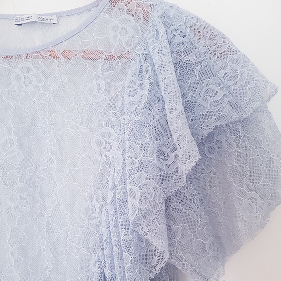 ZARA Blue Gray Ruffle Lace Cropped Top - Picture 6 of 10